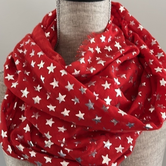 Infinity scarf in red with silver stars with distressed hem. Super festive. - Picture 2 of 5